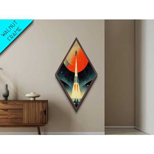 Space Rocket Orbit Diamond Shaped Canvas Textured Print, Mid-Century Sci-Fi Wall Art, Vintage Red Planet Spacecraft Launch
