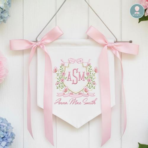 Embroidered Floral Baby Girl Banner Door Hanger, Custom Name Sign Baby Announcement, Coquette Bow Baby Banner, Monogram Hospital Door Sign