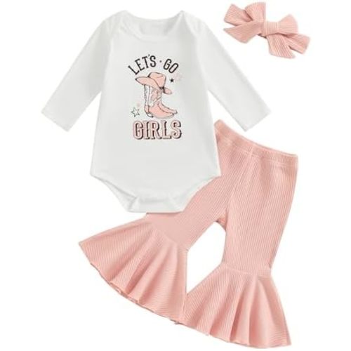 SAYOO Baby Girls Western Outfits Let's Go Girls Letter Print Retro Romper Ribbed Flared Pants Cowgirls Country Fall Clothes
