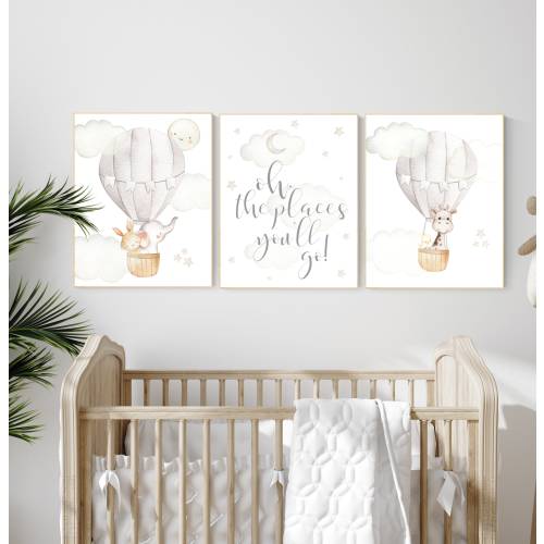 Nursery decor gender neutral, hot air balloon, elephant nursery, woodland animals, baby room decor, animal nursery, hot air balloons