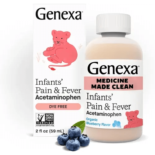 Genexa Infants' Clean Acetaminophen | Pediatrician Preferred Ingredients | Pain Reliever & Fever Reducer for Babies | Dye Free, 0% Artificial Additives | Delicious Organic Blueberry Flavor, 2 fl oz