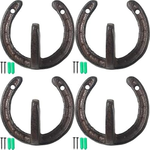 NSBELL 4PCS Cast Iron Horseshoe Shaped Wall Hooks - Vintage Coat Hat Horse Hanger - Farmhouse Decorative Hooks for Hanging Robe Towels Coats Bags