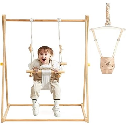 FUNLIO Montessori Wooden Baby Swing and Jumper for Toddlers, 2 in 1 Baby Jumper and Swing with 4 Sandbags, Foldable Baby Swing for Indoor/Outdoor Play, Adjustable Baby Bouncer, Easy to Assemble&Store