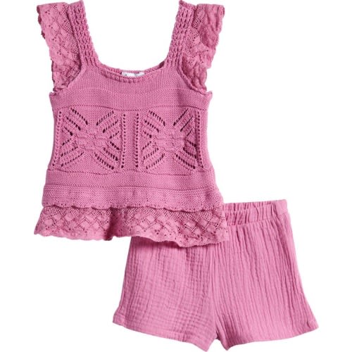 Baby Cotton Pointelle & Lace Top & Shorts Set, 6-12M, Taffy