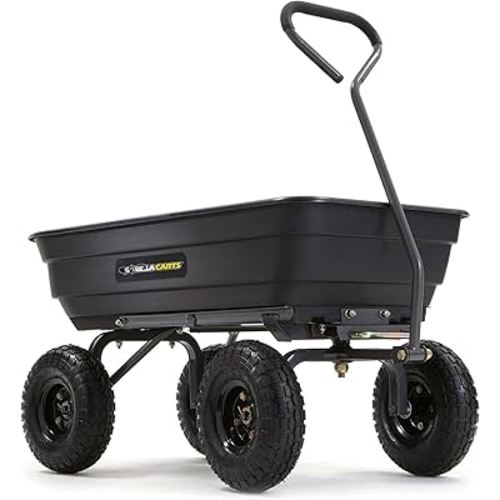 Gorilla Carts Poly Garden Dump Cart with Easy to Assemble Steel Frame, Camping Beach Wagon w/Quick Release System, 600 Pound Capacity, & 10 Inch Tires