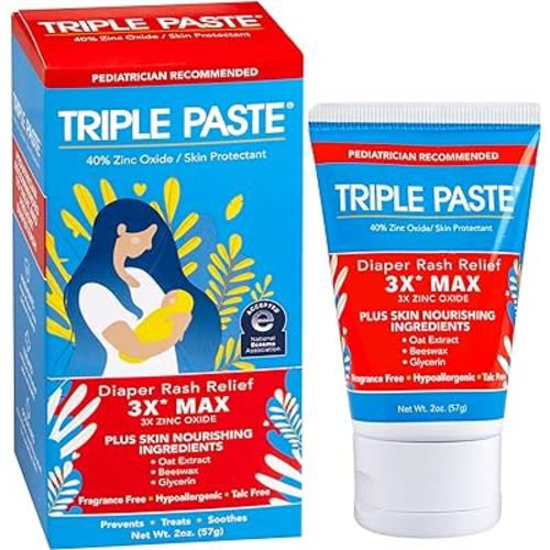 Triple Paste 3X Max Diaper Rash Ointment, Maximum Strength Zinc Oxide Ointment for Severe Diaper Rash, 2 oz Tube