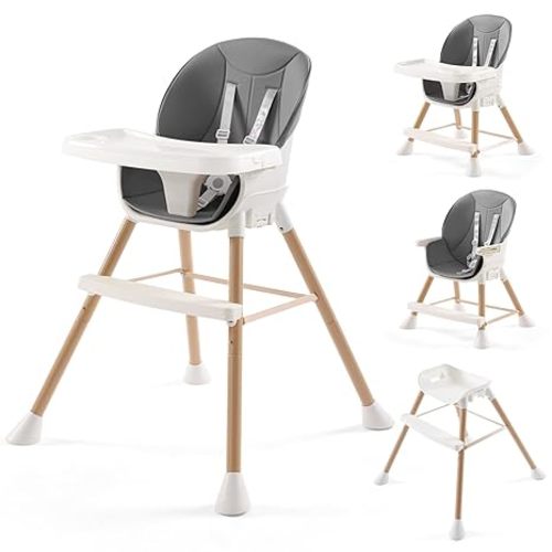 6-in-1 Convertible High Chair for Babies & Toddlers, Baby Feeding Chair with Adjustable Legs & Double Dishwasher Safe Tray, Infants Eating Chair Footrest&Safety Harness Boys Girls,Dark Gray