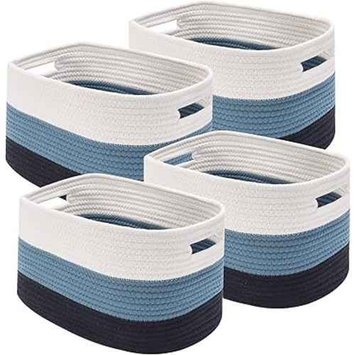 4 Pack Woven Storage Baskets for Organizing - Cotton Rope Baskets for Closet, Toys, Books, Towels, Durable Storage Bins for Shelves, Living Room, Bedroom, 14.76''Lx9.84''Wx8.86''H (Blue, 13")