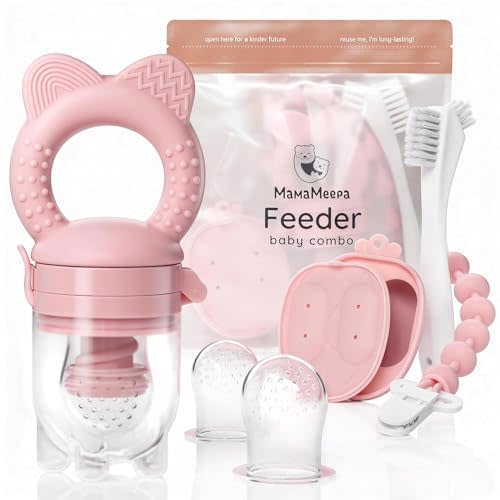 Baby Fruit Feeder & Popsicle Molds Set – Baby Food Feeder Nibbler, Breastmilk Popsicle Molds, Grip Handle, Safety Strap & Cleaning Brush – Feeding Essentials 6–12 Months (Pink)