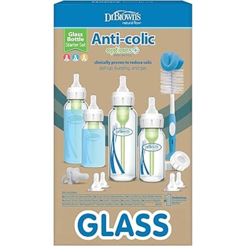 Dr. Brown's Natural Flow Anti-Colic Options+ Narrow Glass Baby Bottle Starter Set with Silicone Bottle Sleeves, Brush & Soft 100% Silicone HappyPaci Pacifier for Newborns, 0m+