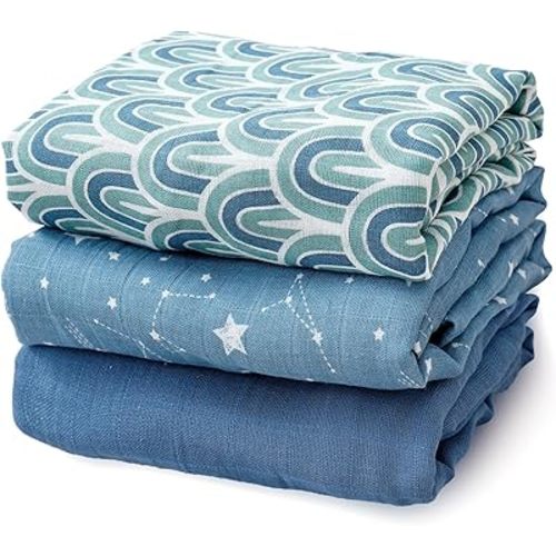 3 Set Muslin Swaddle Blankets,Essential Baby&Newborn Swaddling,Perfect for Boys&Girls,Receiving Blankets,Nursing,Stroller Cover,Large 47.2x43.3 inches Swaddle Wrap Burping Clothes. (Blue)