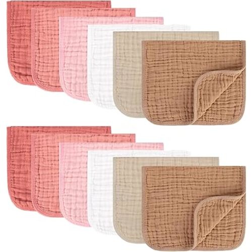 Muslin Burp Cloths 100% Cotton Pack of 12. Soft, Gentle & Absorbent Baby Burp Cloths for Baby Girl & Boys.(Pink & Coffee 12 Pieces)
