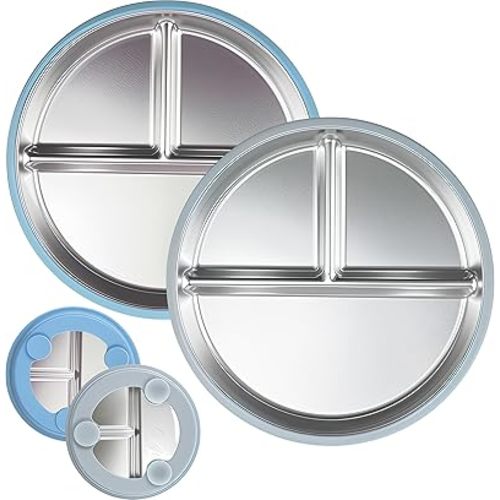 Stainless Steel Kids Plates with Suction, 9 Inch Unbreakable & Anti-Slip Silicone Base, Baby Plates for Highchair, Daycare & Travel, Toddler Plates (2, Sky blue+light grey)