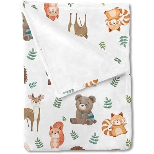 Baby Cartoon Woodland Animals Blankets Gift Boy Girl Cute Bear Raccoon Squirrel Deer Rabbit Hedgehog Owl Leaves Swaddle Receiving Blanket Soft Flannel Newborn Nursery Toddler Bedding Crib Cover 30x40