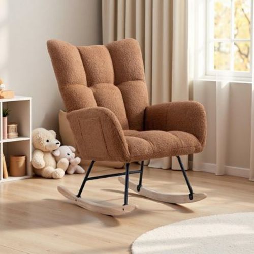 Brown Teddy Fabric Rocking Chair with Storage Pocket ¨C Comfy Wingback Nursery Glider with Solid Wood Base