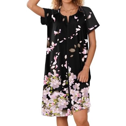 Ekouaer Zipper Robes for Women Short Sleeves Knit Bathrobes Knee Length Soft Lace Trim Loungewear with Pockets S-3XL