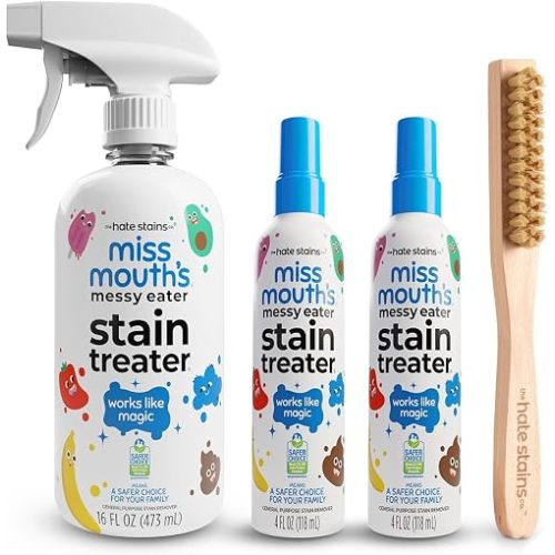Miss Mouth's Messy Eater Stain Treater Bundle - 16oz Bottle, 4oz Travel 2-Pack & Laundry Brush - Baby Stain Remover Spray for Clothes, Carpet & Upholstery