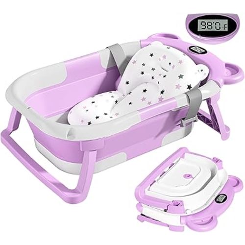 TPN Collapsible Baby Bathtub for Infants to Toddler with Real-time Temp Monitor+Floating Cushion,Foldable Baby Bath Tub Set Applicable 0-36 Month,Perfect Portable Travel Baby Tub for Newborns Boy