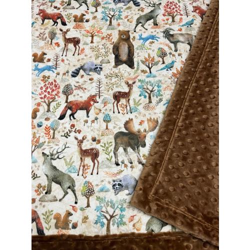 Woodland animals blanket, minky throw, fox deer buck fawn, brown bear,moose, squirrel, neutral colors, new baby gift, soft girl boy