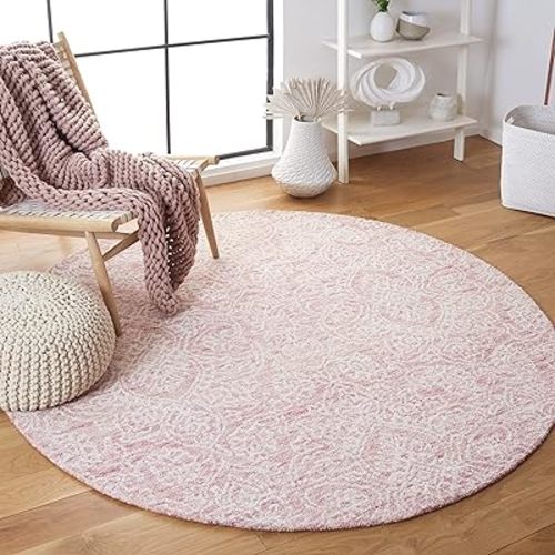 SAFAVIEH Metro Collection Area Rug - 6' Round, Pink & Ivory, Handmade Wool, Ideal for High Traffic Areas in Living Room, Bedroom (MET998U)