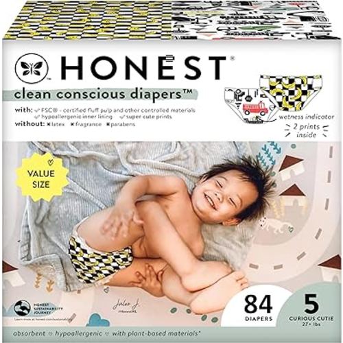 The Honest Company Clean Conscious Diapers | Plant-Based, Sustainable | Big Trucks + So Bananas | Super Club Box, Size 5 (27+ lbs), 84 Count