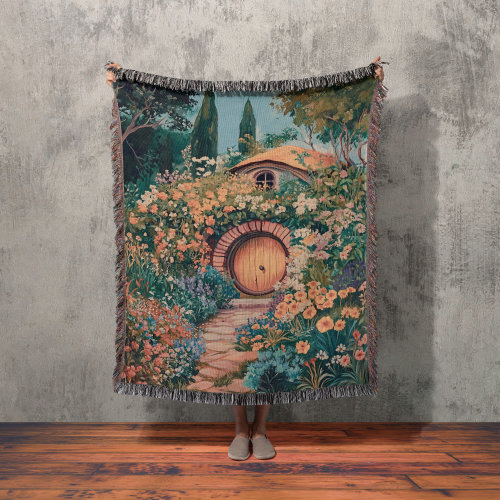 Floral Hobbit Hole Blanket | Whimsical Woodland Forest Tapestry, Bookish Goblin core Throw, Cottagecore Kids Room Decor, Fantasy Home Design