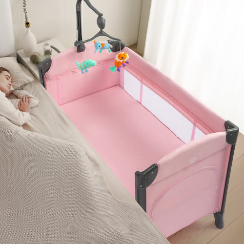 JOYMOR 3 in 1 Bedside Bassinet, Pink Bassinet for Baby Girl Infant