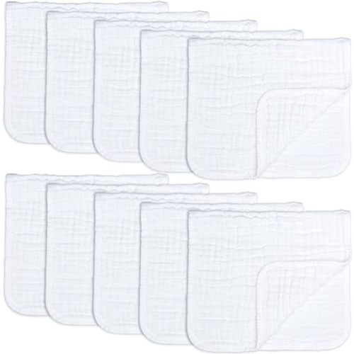 Comfy Cubs Muslin Burp Cloths Large 100% Cotton Hand Washcloths Set for Babies, Baby Essentials 6 Layers Extra Absorbent and Soft Boys & Girls Baby Rags for Newborn Registry (White, 10-Pack, 20" X10")
