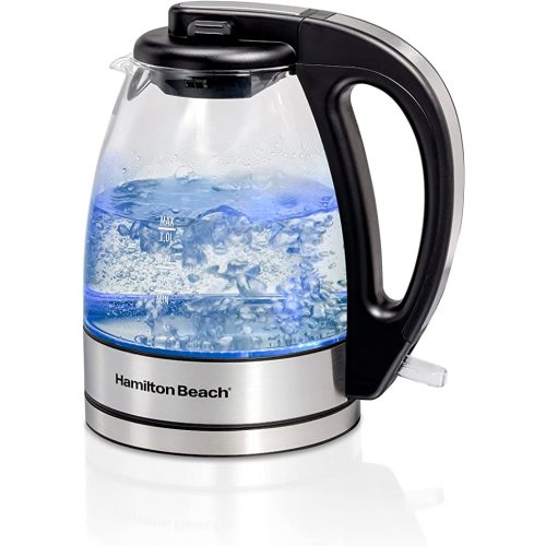 Hamilton Beach Glass Electric Tea Kettle, Water Boiler & Heater, 1 Liter, 1500 Watts for Fast, BPA Free, Cordless Serving, Auto-Shutoff & Boil-Dry Protection, Soft Blue LED (40930)