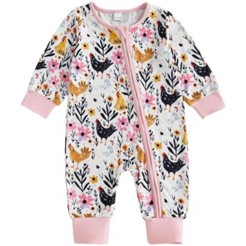 Gueuusu Country Baby Clothes Boy Girl Farm Animal Print Long Sleeve Romper Zipper One Piece Jumpsuit Cute Fall Outfit