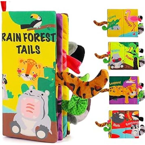 beiens Baby Books Toys, Touch and Feel Crinkle Cloth Books for Babies, Infants & Toddler, Early Development Interactive Car & Stroller Soft Toys for Boys & Girls (Rainforest Tails-1 Book)