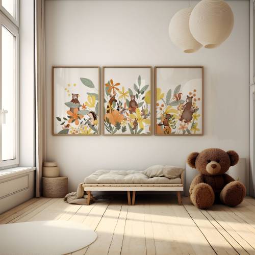 Yellow and Orange Woodland Nursery Decor, Floral Nursery Art Prints, Flower Artwork for Nursery, Nursery Art for Baby Girl, Wall Art Kids