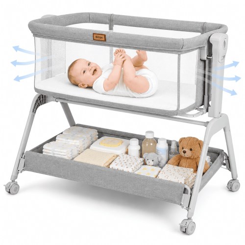 Baby Bassinet, Bobiber 3-in-1 Baby Bassinet Bedside Sleeper with Rocking and Adjustable Height, Storage Basket, Wheels, for 0-24 Months, Grey