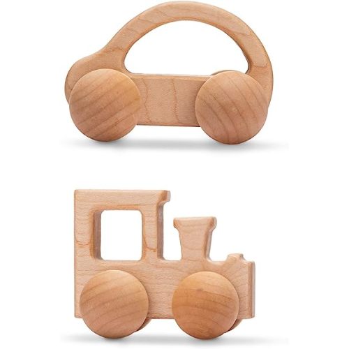 Promise Babe Wooden Rattle Push Car Toys Set Infant Wooden rattles Interesting Toys 2 Pc Baby Vehicle Toys Hand Push Cars Montessori Natural Wood Toys for Newborn Best Gift