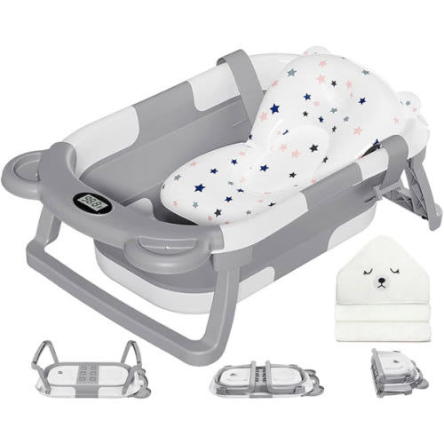 MoreFeel Collapsible Baby Bathtub for Newborn with Thermometer & 1 Hooded Towel & 1 Soft Floating Cushion,Portable Travel Bathtub with Drain Hole, Durable Foldable Baby Tubs for Infants to Toddler