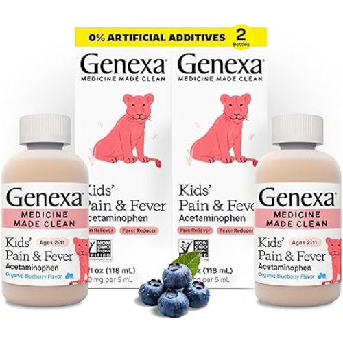 Genexa Kids’ Clean Pain & Fever Acetaminophen, Dye Free, 0% Artificial Additives, Delicious Organic Blueberry Flavor, Liquid Oral Suspension Medicine, Children 2-11, 160 mg per 5mL, 8 fl oz (2 Pack)