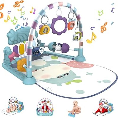 Baby Play Mat Toys 0-6 9 12 Months, Tummy Time Mat for Infant, Toddler Kick and Play Piano Gym, Foldable Play Gym Activity Padded Mat for Girl Boy, Newborn Development Musical Playmat Toys (Blue)