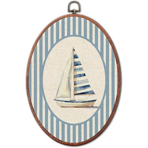 Vintage Sailboat Nursery Oval Wall Art Framed, Blue Striped Framed Canvas Prints, Unique Retro Boy or Girl Gift Hanging Wall Decor for Kids Toddler Room Bedroom Playroom, 8.6x11.4 Inch