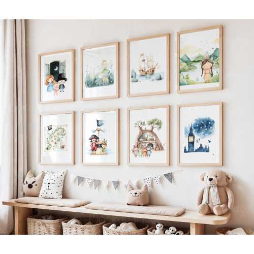 Neverland Nursery Art, Set of 8 Prints, Peter Pan Wall Art, Neutral Nursery Decor, Playroom Decor, Storybook Wall Art, Fairy Tale, Digital