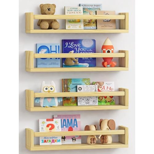 Forbena Natural Wood Nursery Book Shelves Wall Mounted, Floating Bookshelf for Kids Room, Baby Toys and Books Storage Organizer Bookshelves for Toddler Child Bedroom Bathroom (4 Pack Light Wood)
