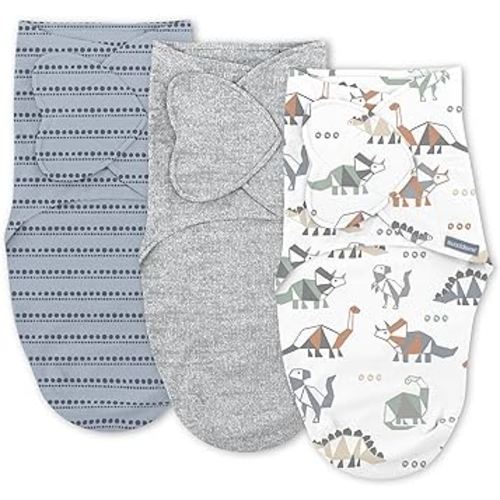 SwaddleMe by Ingenuity Monogram Collection Baby Swaddle, 100% Cotton, Improves Sleep & Calms Startle Reflex, 0-3 Months, Pocket Fold Design for Easy Changes, 1.0 TOG, 3-Pack - Dino Mite
