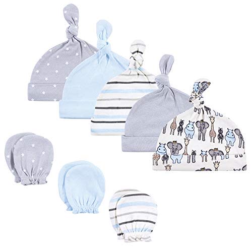 Hudson Baby Unisex Baby Cotton Cap and Scratch Mitten Set, Royal Safari, 0-6 Months
