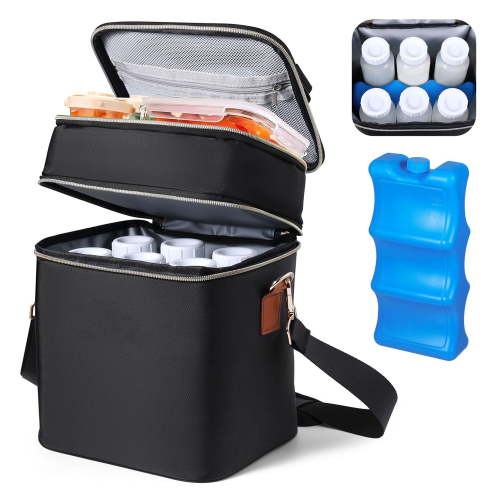 YESGIRL Breastmilk Cooler Bag with Ice Pack Fits 6 Baby Bottles Up to 9 Ounce, Insulated Baby Bottle Tote Bags, Double Layer Waterproof Leak-Proof with Shoulder Strap for Nursing &Working Mom