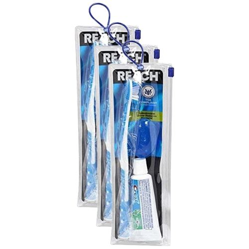 Reach Ultraclean Travel Kit Toothbrush with Toothbrush Cap and Toothpaste, Multi-Angled, Soft Bristles, TSA-Airport Friendly, Resealable, Portable and Reusable Bag (Pack of 3)
