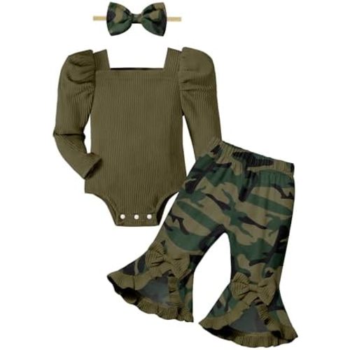 Von kilizo Baby Girl Clothes Floral Baby Clothes for Girls Puff Long Sleeves Ribbed Romper Flare Pant Sets Baby Girl Outfits