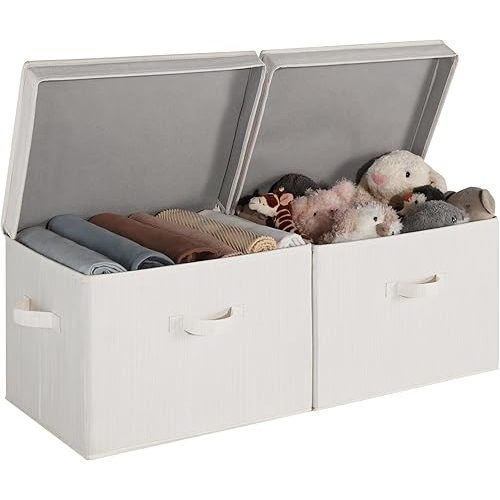 StorageWorks Closet Storage Bin with Lids, Decorative Storage Boxes with Handles, Fabric Storage Bins for Clothes, Jumbo, Mixing of Beige, White & Ivory, 2-Pack