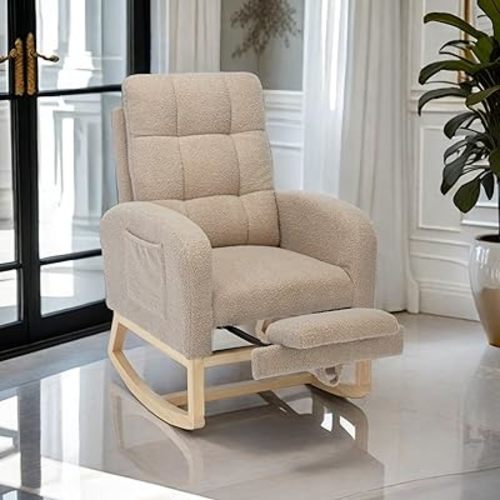 Nursery Rocking Chair with Adjustable Footrest for Living Room - Teddy Fabric, Solid Wooden Legs, Comfortable Lounge Armchair with High Backrest and Side Pockets (Modern, Light Coffee)