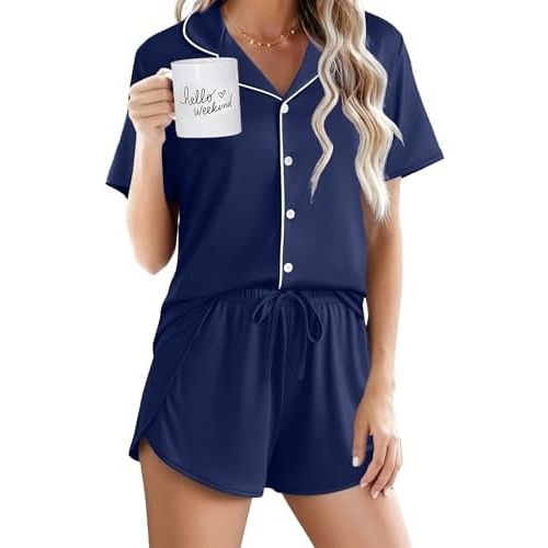 Ekouaer Pajamas for Women Set Button Up Short Sleeve Pjs Lounge Set
