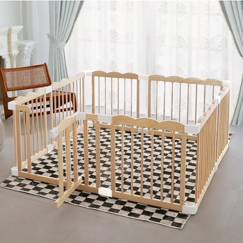 Baby Playpen, Wooden Playpen for Babies and Toddlers, Large Adjustable Wooden Baby Playpen with Locking Gate, Easy to Assemble, Portable Playpen, Baby Fence Play Area(62x70x24 Inch)