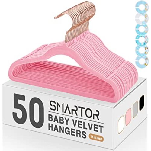 Smartor Premium Velvet Baby Hangers for Closet 50 Pack, 11.8" Safe Durable Baby Clothes Hangers for Nursery with 6 Pcs Closet Dividers, Sturdy Felt Hangers for Toddler/Infant/Kids/Childrens - Pink